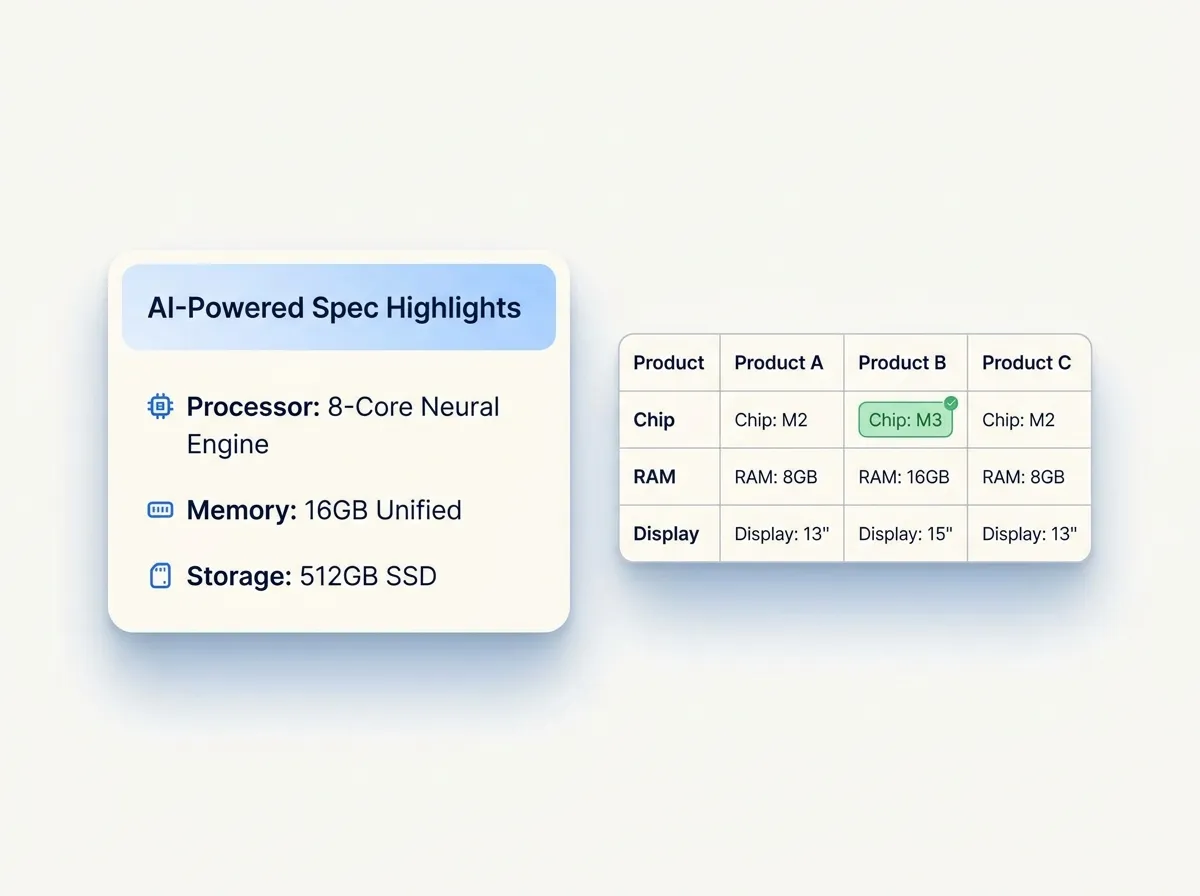 An AI-powered spec highlights card (processor, memory, storage) beside a three-column product comparison table with the winning value highlighted in green.